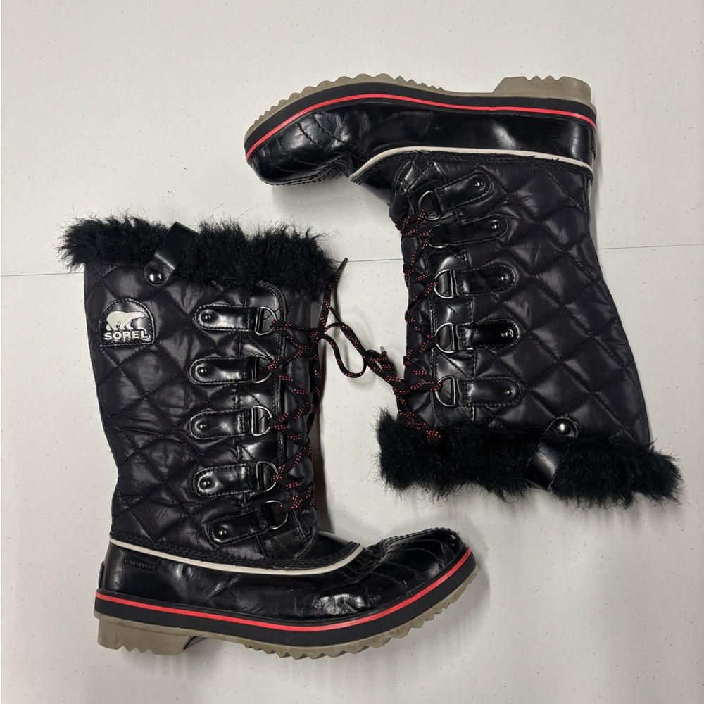 Sorel Tofino Cate Women's Black Quilted Waterproof Fur-Trim Winter Boots Size 11